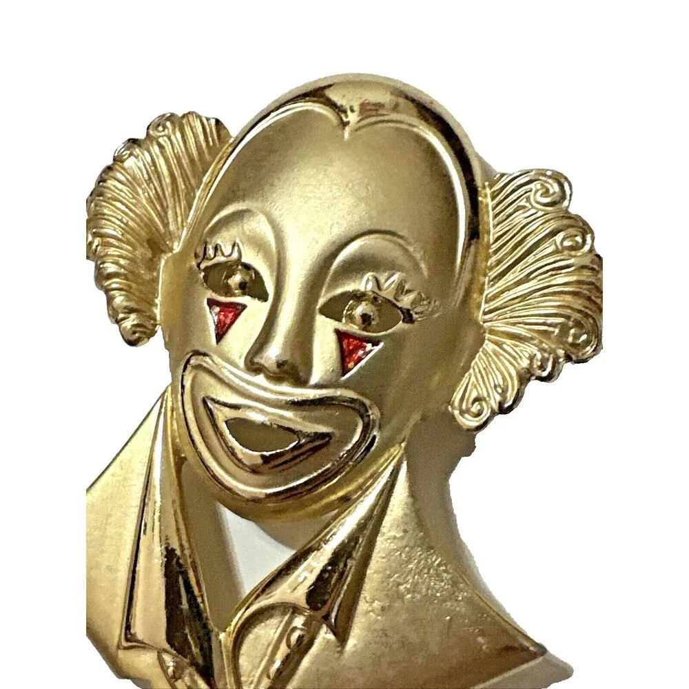 EnVIE Circus Clown Brooch Vintage 1980s Satin Glossy Gold Tone Pin NWOT NOS
